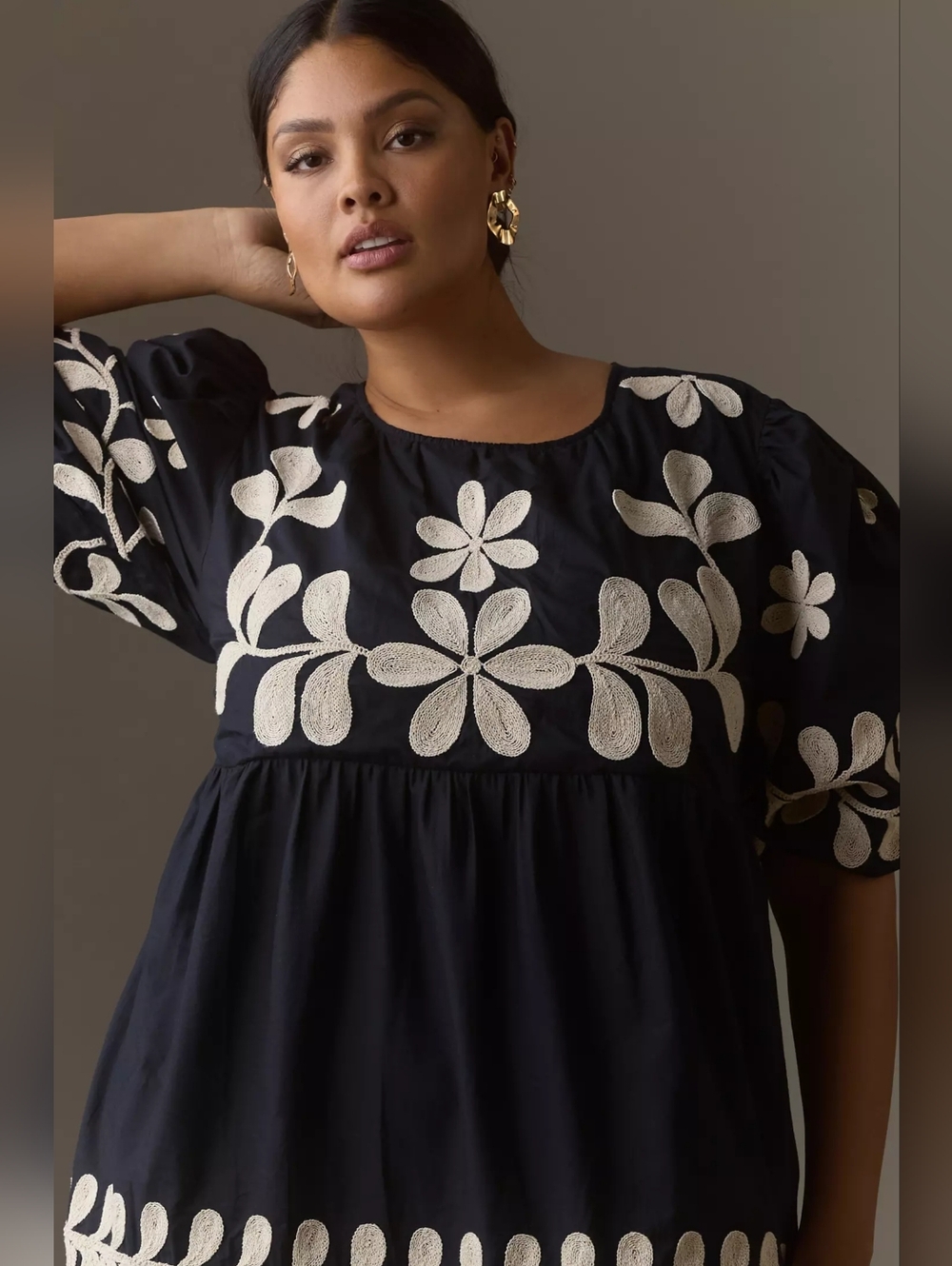 Anthropologie Embroidered Puff-Sleeve Black Midi Dress Boho Relaxed Cotton Sz LP - Picture 13 of 13